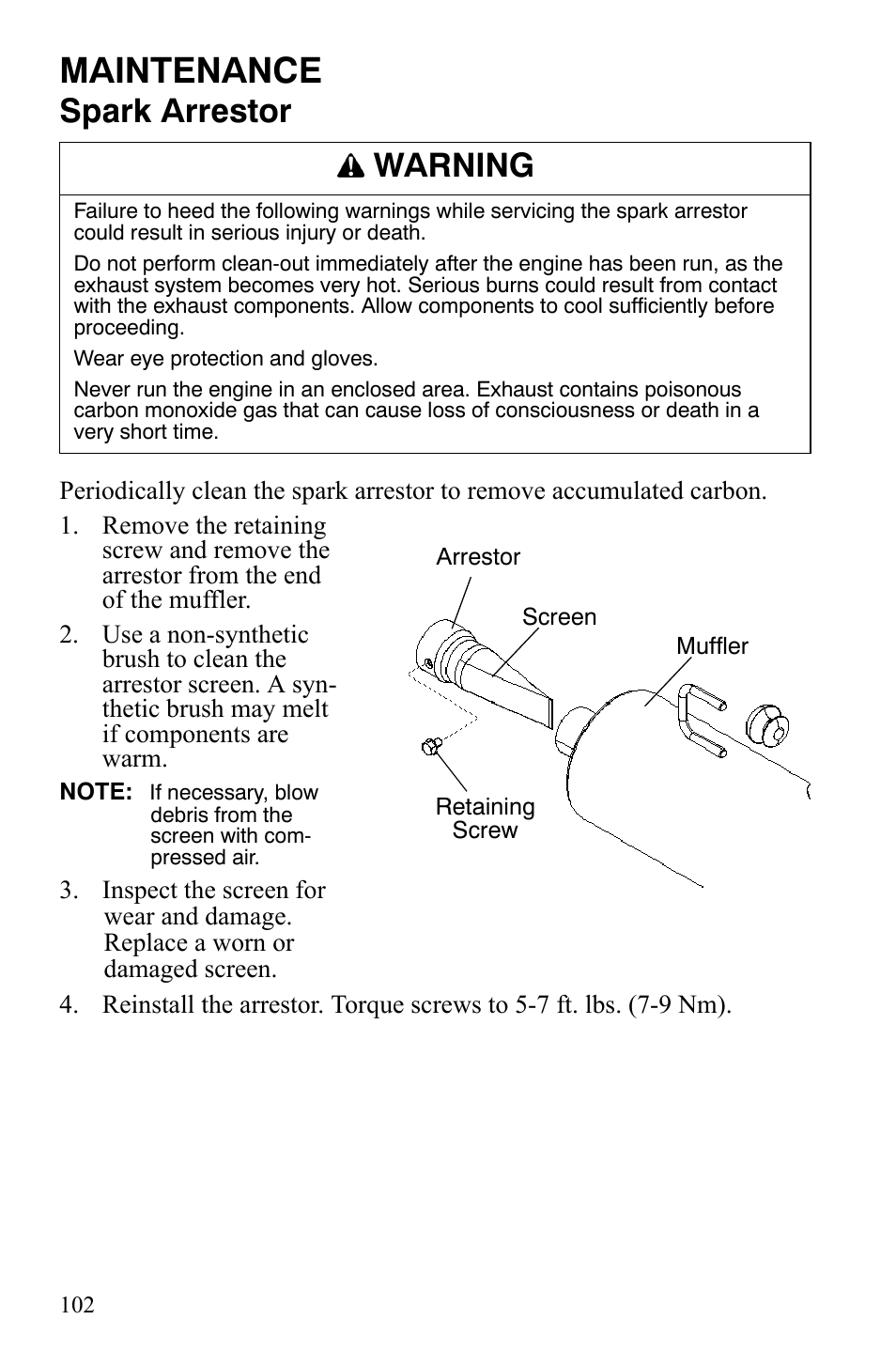 Maintenance, Spark arrestor, Warning | Polaris 2008 Ranger RZR User Manual | Page 105 / 146