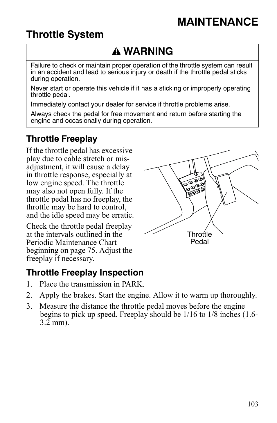 Maintenance, Throttle system, Warning | Polaris 2008 Ranger RZR User Manual | Page 106 / 146