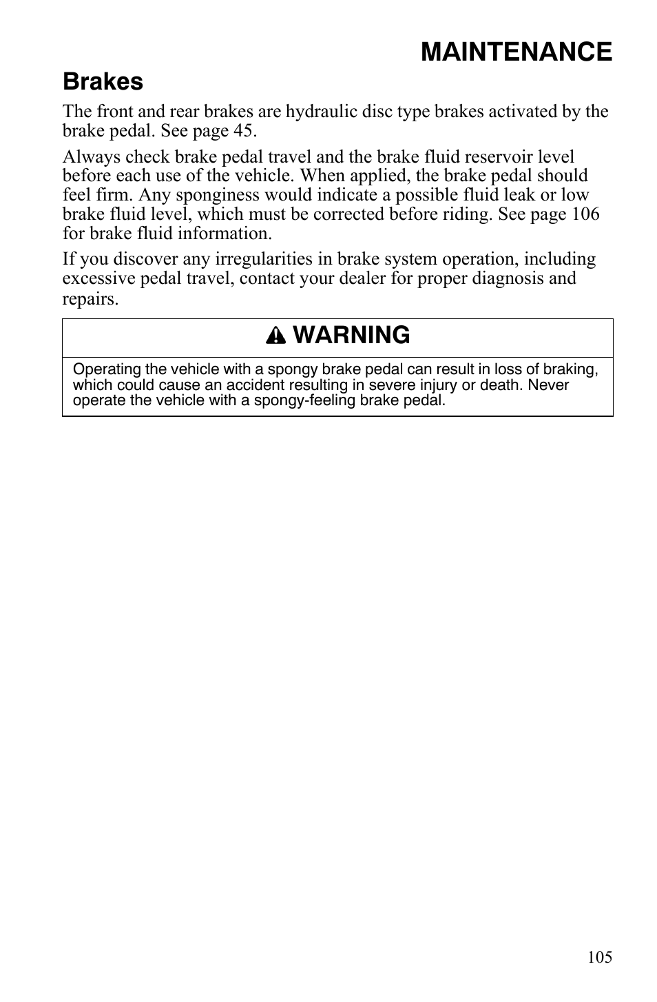 Maintenance, Brakes, Warning | Polaris 2008 Ranger RZR User Manual | Page 108 / 146