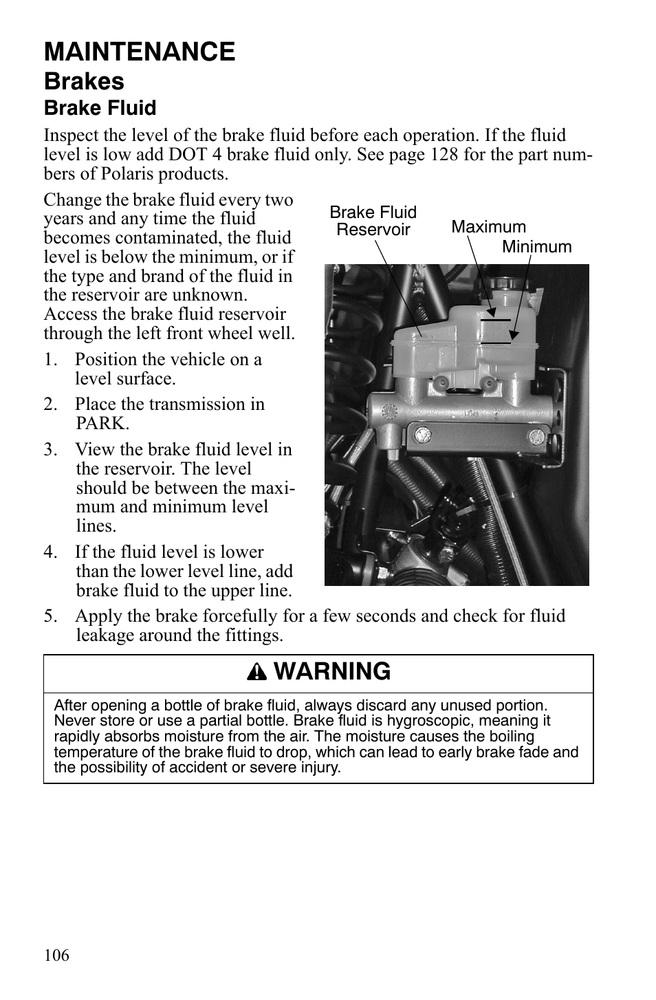 Maintenance, Brakes, Warning | Polaris 2008 Ranger RZR User Manual | Page 109 / 146