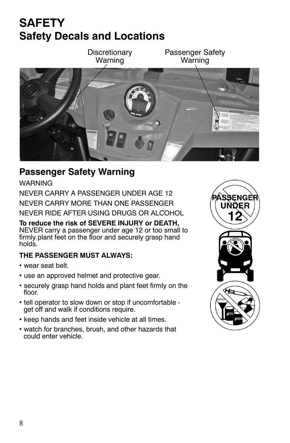 Safety, Safety decals and locations, Passenger safety warning | Polaris 2008 Ranger RZR User Manual | Page 11 / 146