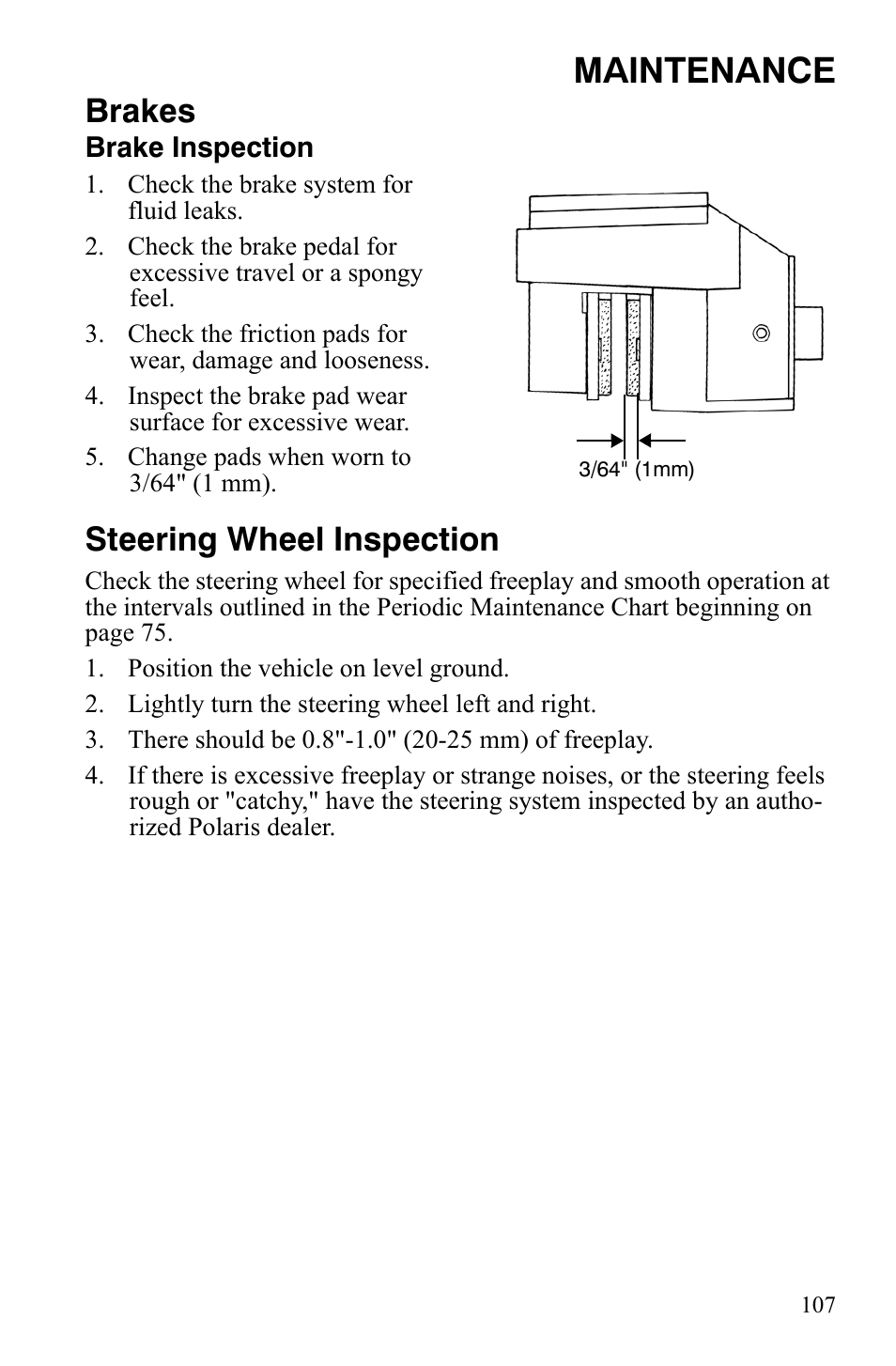 Maintenance, Brakes, Steering wheel inspection | Polaris 2008 Ranger RZR User Manual | Page 110 / 146