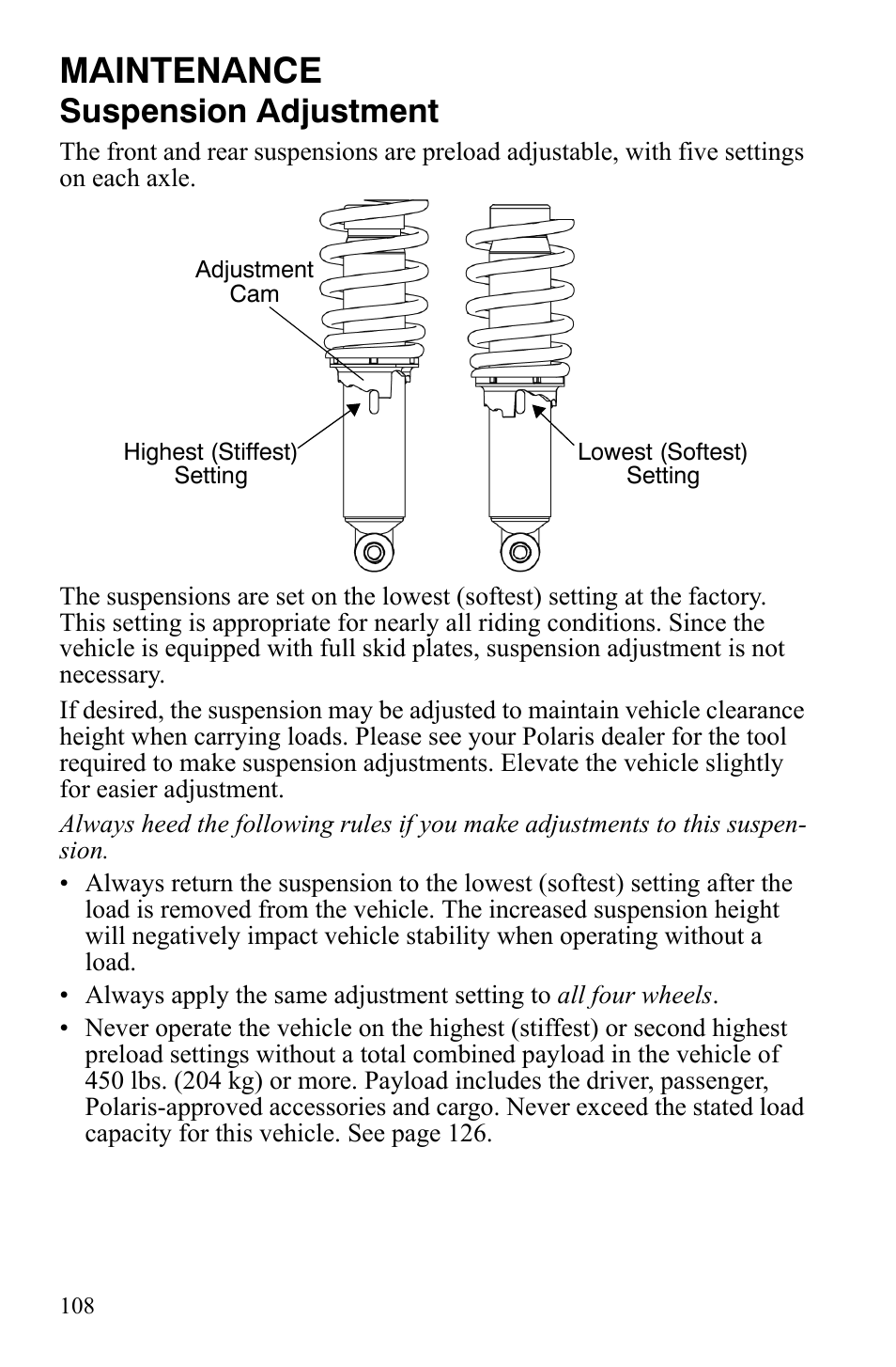 Maintenance, Suspension adjustment | Polaris 2008 Ranger RZR User Manual | Page 111 / 146