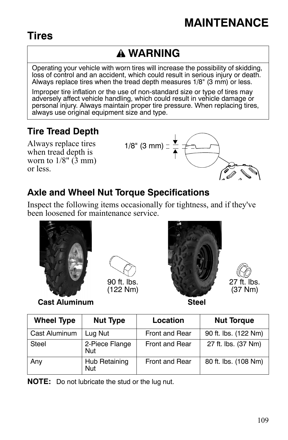 Maintenance, Tires, Warning | Tire tread depth, Axle and wheel nut torque specifications | Polaris 2008 Ranger RZR User Manual | Page 112 / 146