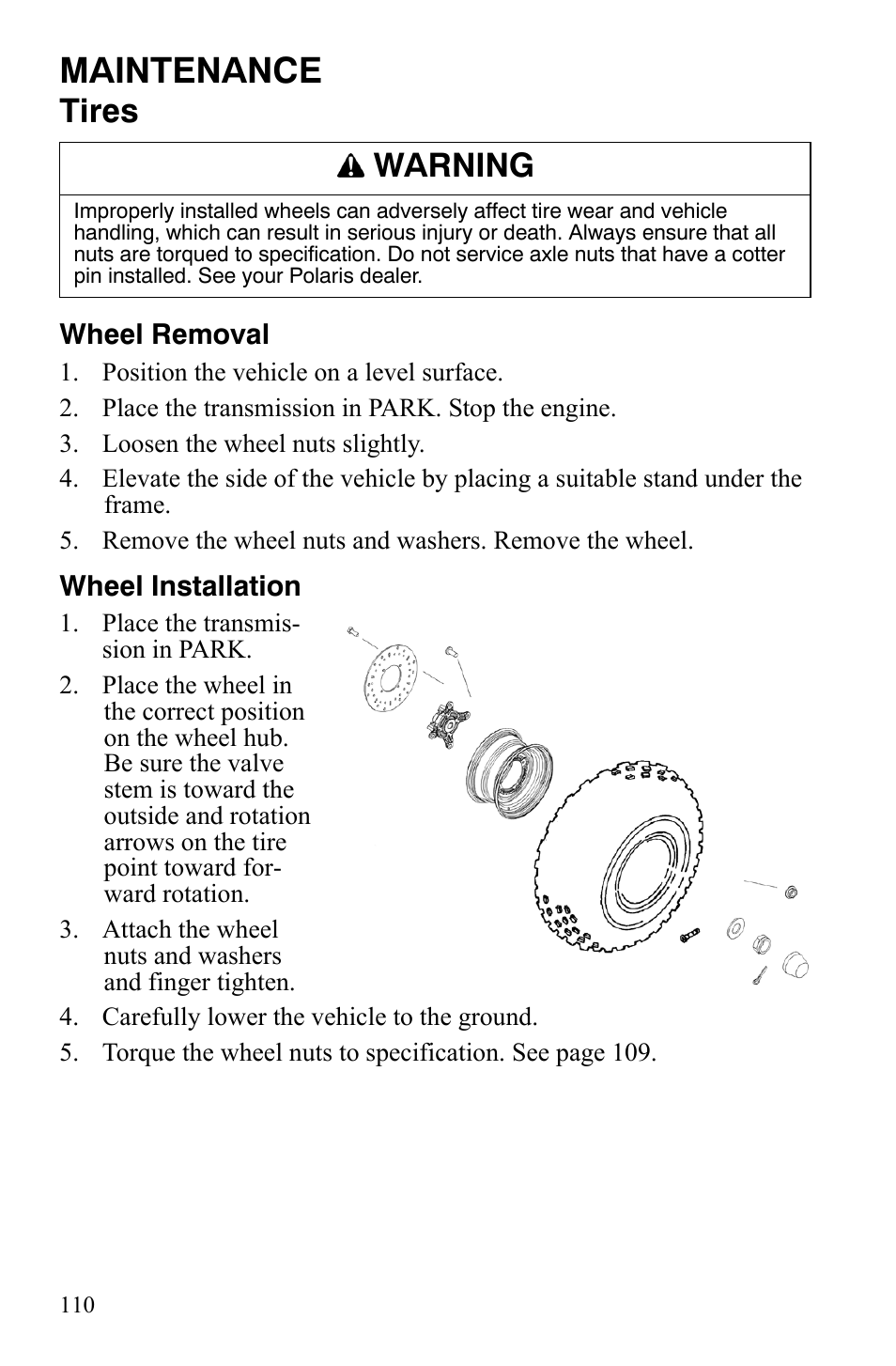 Maintenance, Tires, Warning | Polaris 2008 Ranger RZR User Manual | Page 113 / 146