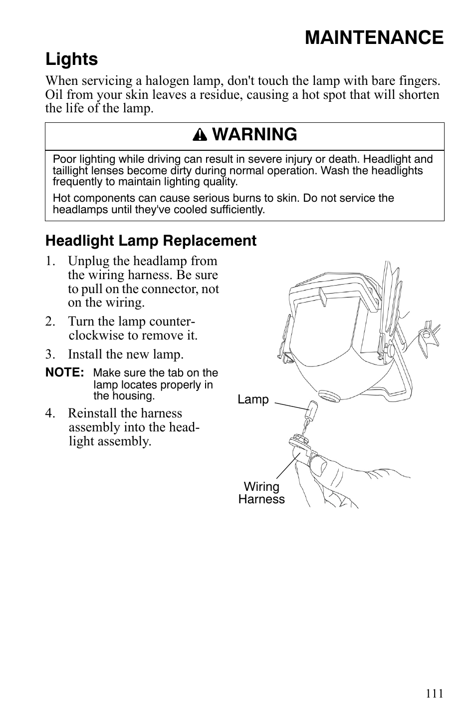 Maintenance, Lights, Warning | Headlight lamp replacement | Polaris 2008 Ranger RZR User Manual | Page 114 / 146