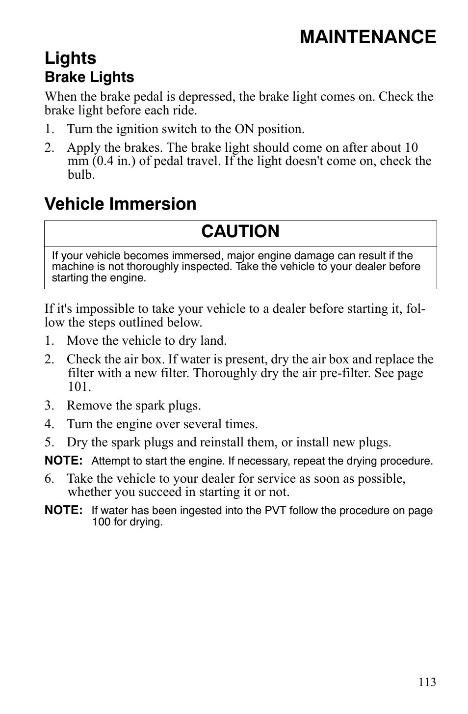 Maintenance, Lights, Vehicle immersion | Caution | Polaris 2008 Ranger RZR User Manual | Page 116 / 146