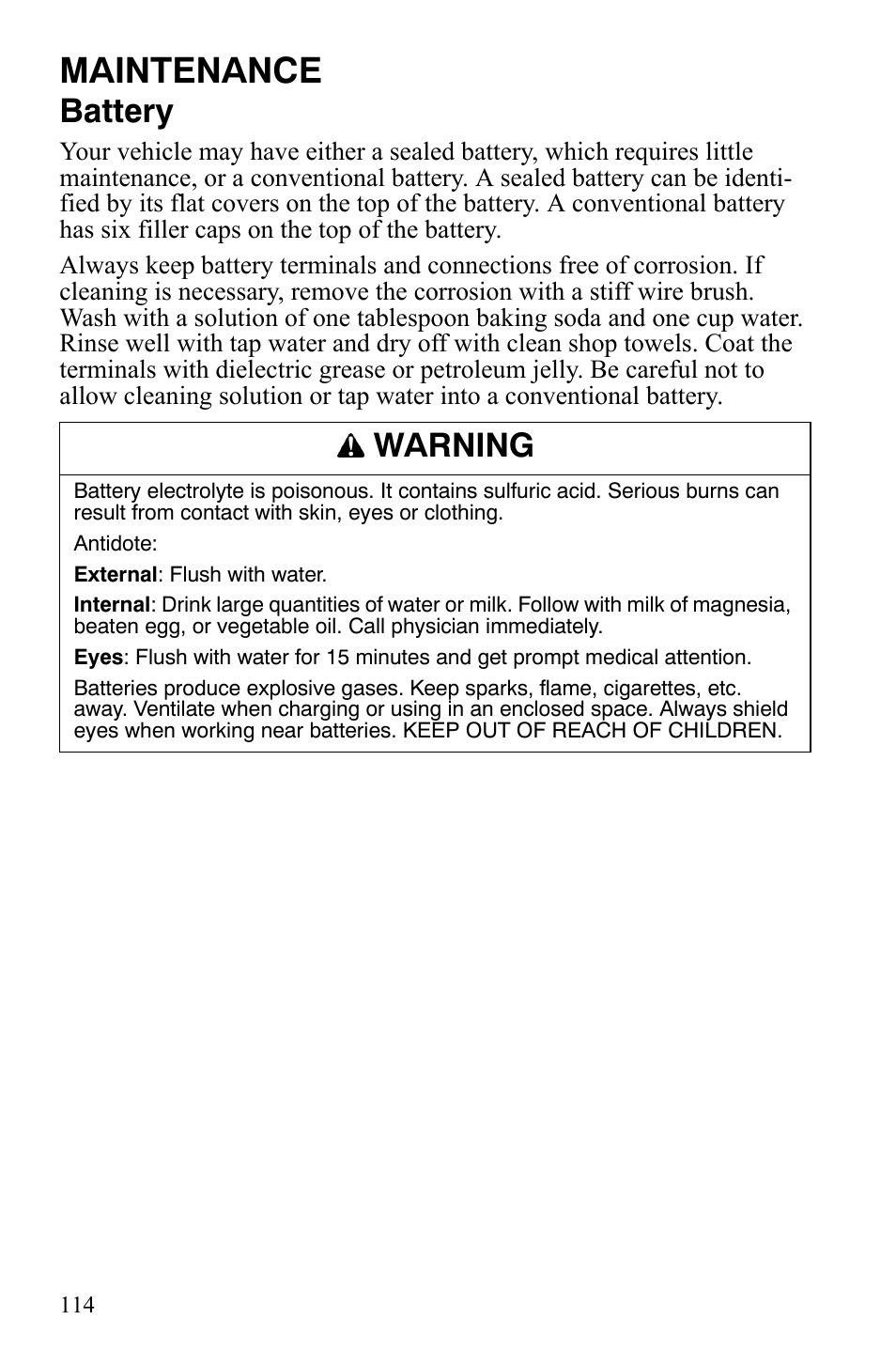 Maintenance, Battery, Warning | Polaris 2008 Ranger RZR User Manual | Page 117 / 146