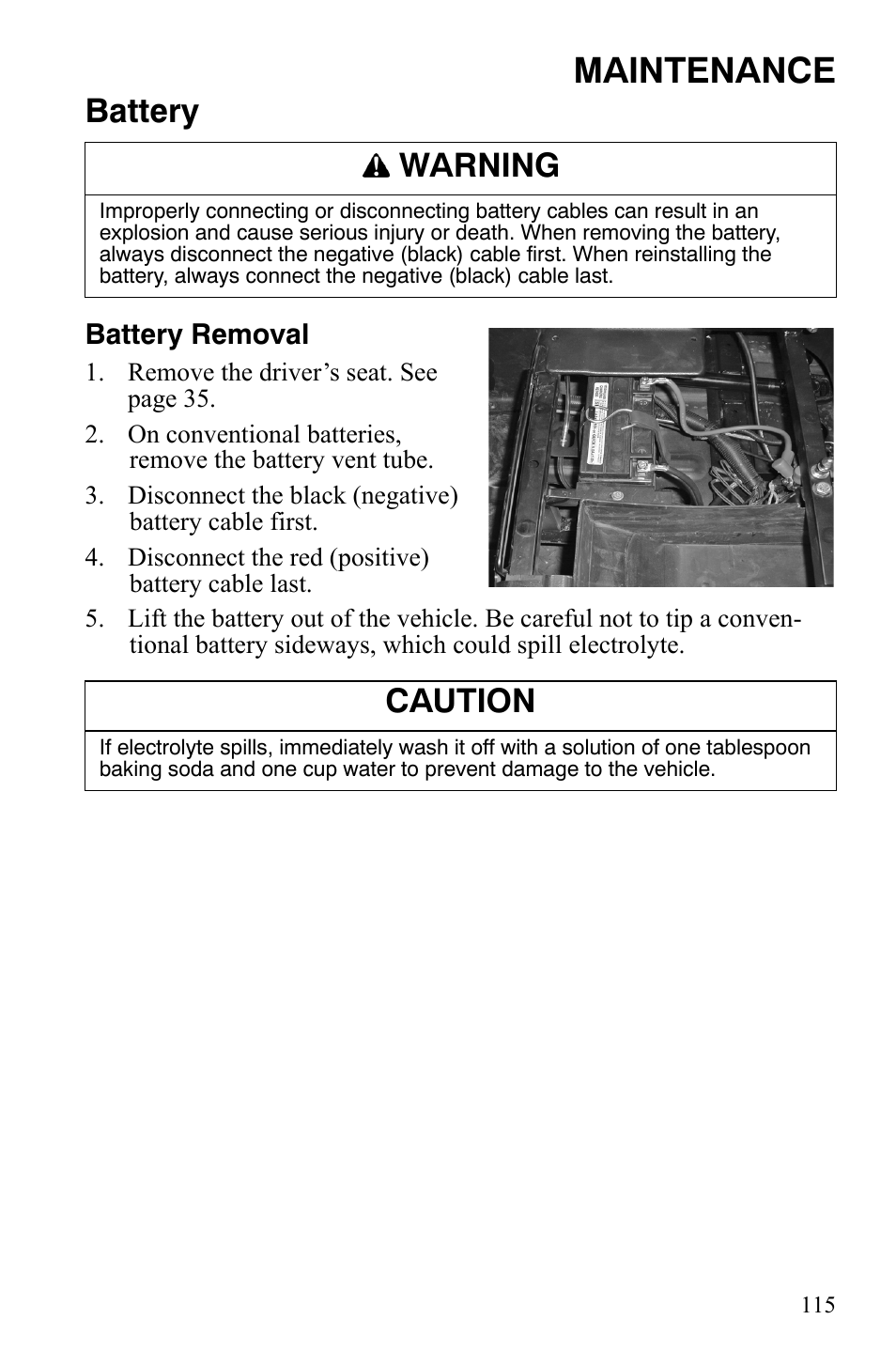 Maintenance, Battery, Warning | Caution | Polaris 2008 Ranger RZR User Manual | Page 118 / 146