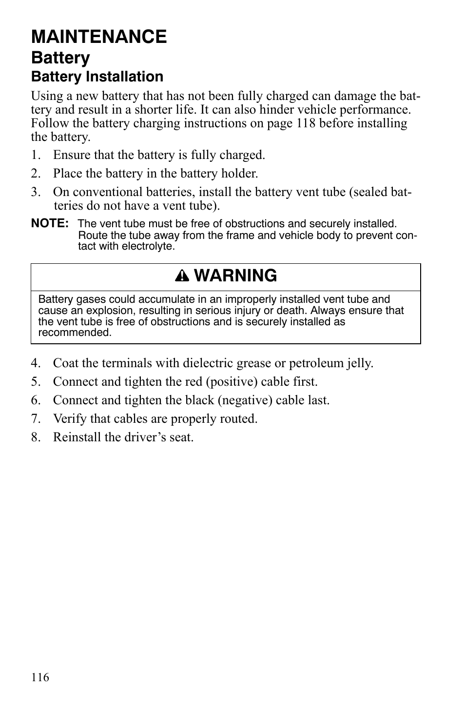Maintenance, Battery, Warning | Battery installation | Polaris 2008 Ranger RZR User Manual | Page 119 / 146