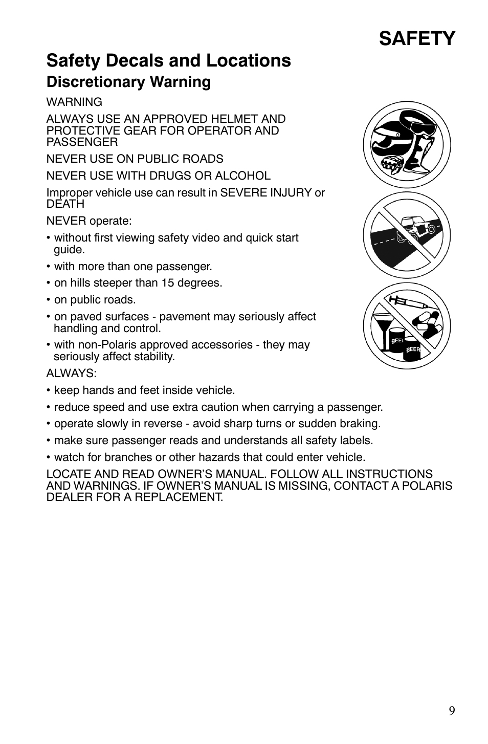 Safety, Safety decals and locations, Discretionary warning | Polaris 2008 Ranger RZR User Manual | Page 12 / 146