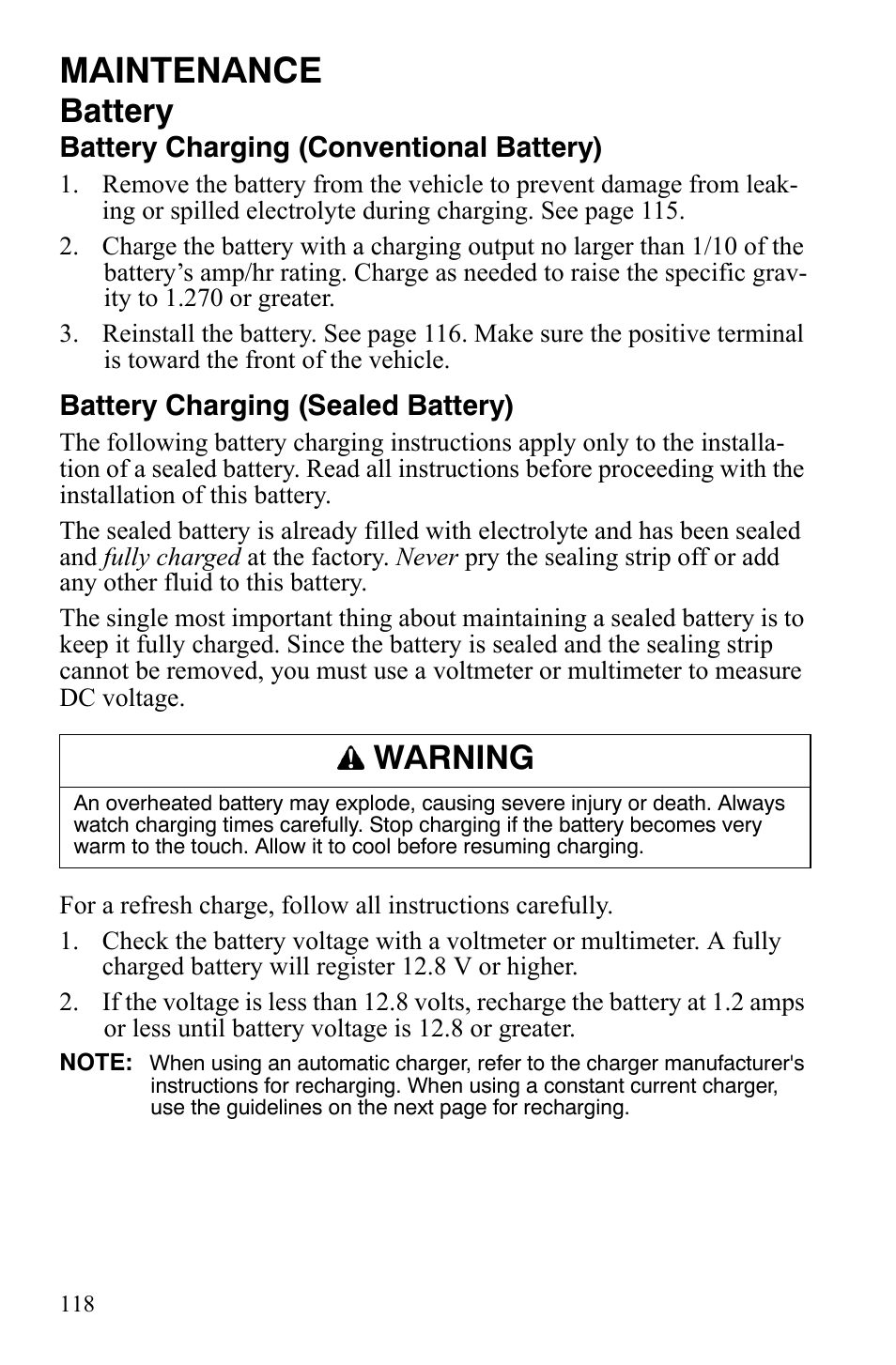 Maintenance, Battery, Warning | Polaris 2008 Ranger RZR User Manual | Page 121 / 146