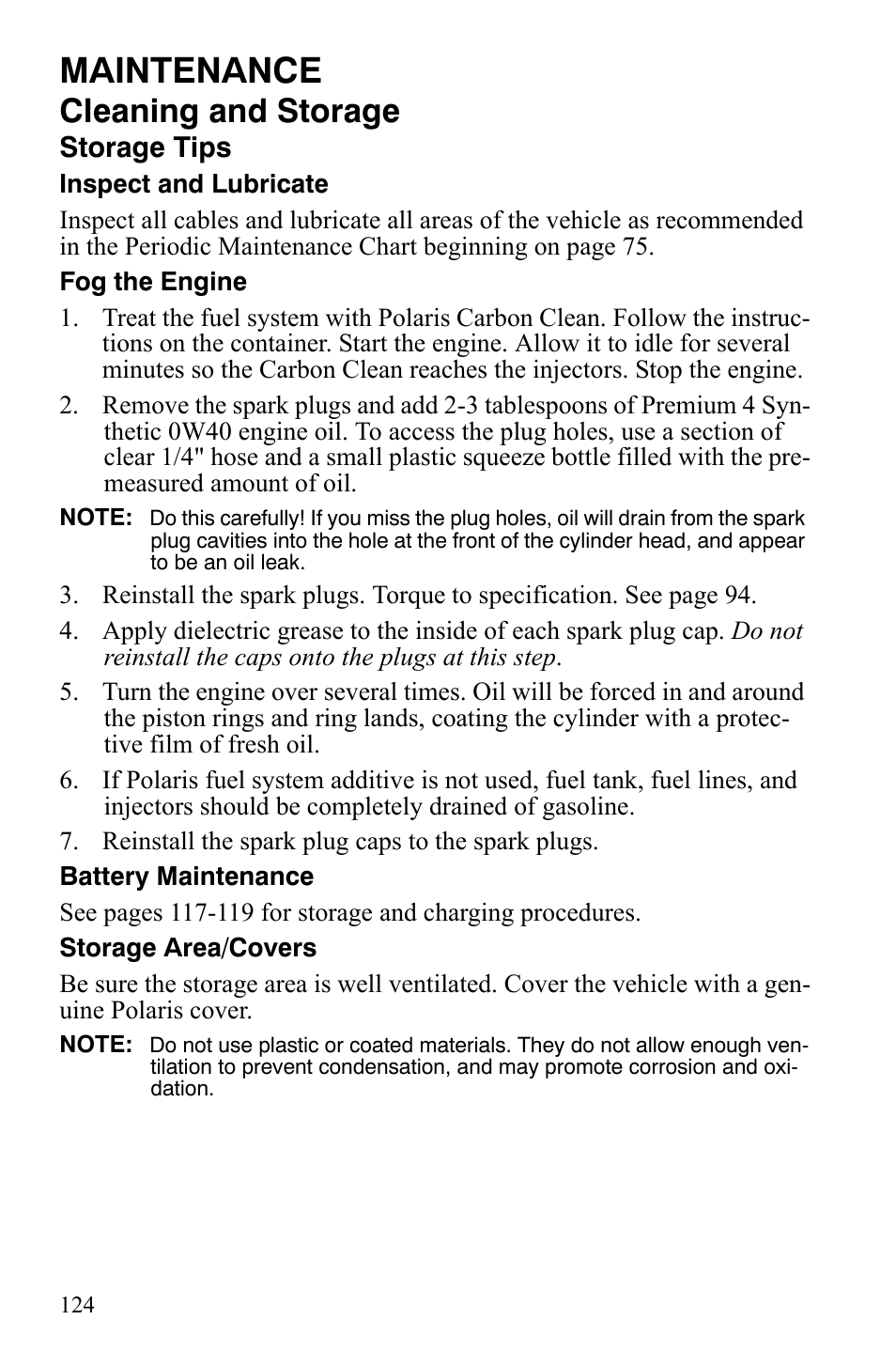 Maintenance, Cleaning and storage, Storage tips | Polaris 2008 Ranger RZR User Manual | Page 127 / 146