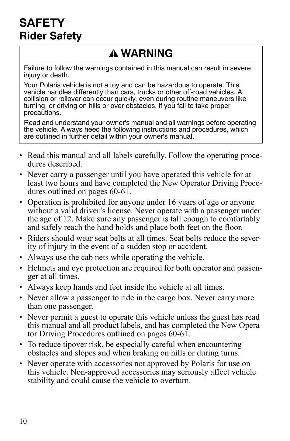 Safety, Rider safety, Warning | Polaris 2008 Ranger RZR User Manual | Page 13 / 146