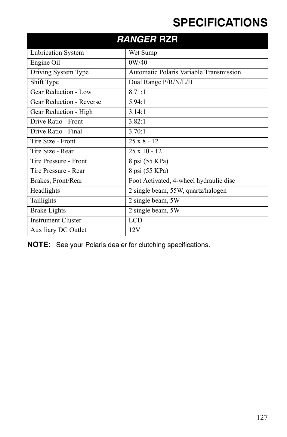 Specifications, Ranger rzr | Polaris 2008 Ranger RZR User Manual | Page 130 / 146