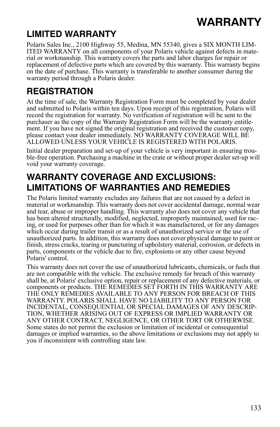 Warranty, Limited warranty, Registration | Polaris 2008 Ranger RZR User Manual | Page 136 / 146