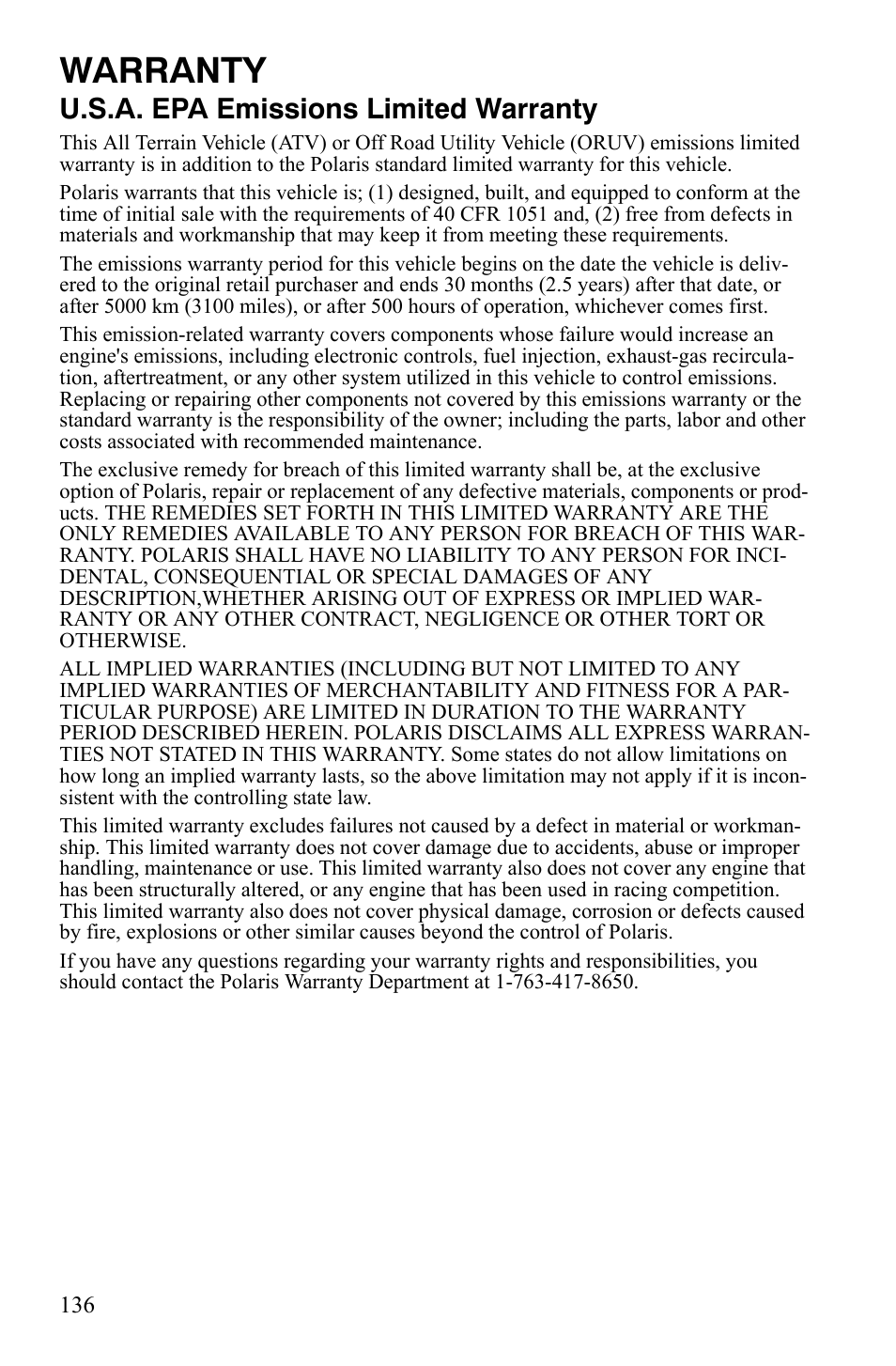 Warranty, U.s.a. epa emissions limited warranty | Polaris 2008 Ranger RZR User Manual | Page 139 / 146