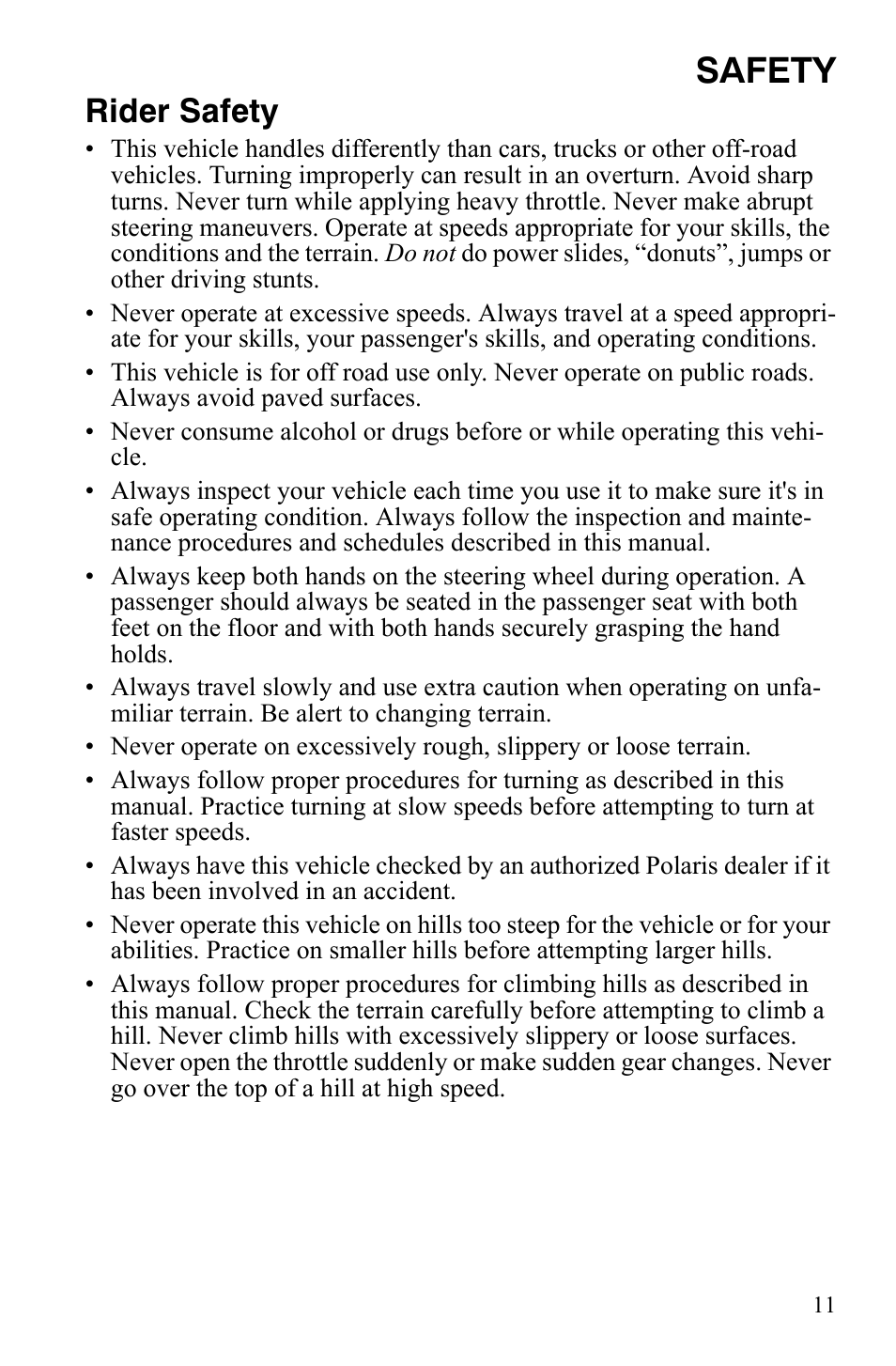 Safety, Rider safety | Polaris 2008 Ranger RZR User Manual | Page 14 / 146