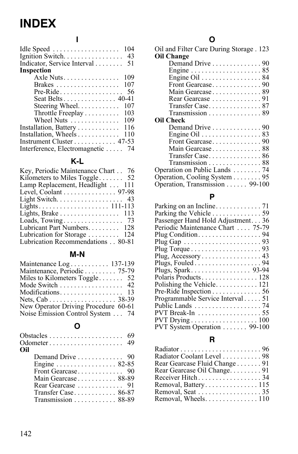 Index | Polaris 2008 Ranger RZR User Manual | Page 145 / 146