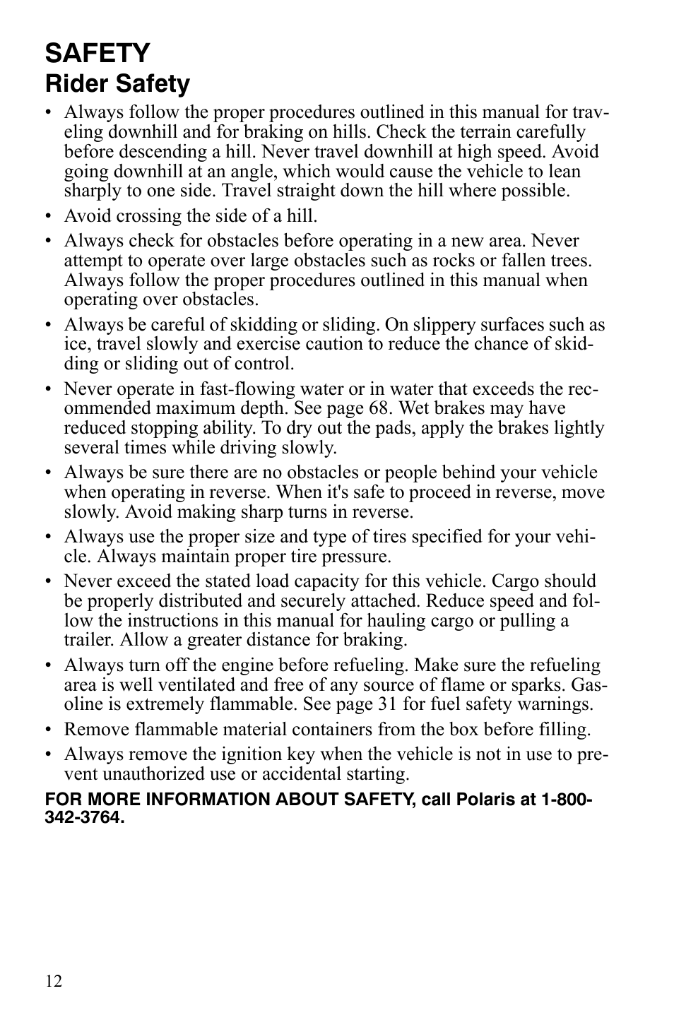 Safety, Rider safety | Polaris 2008 Ranger RZR User Manual | Page 15 / 146