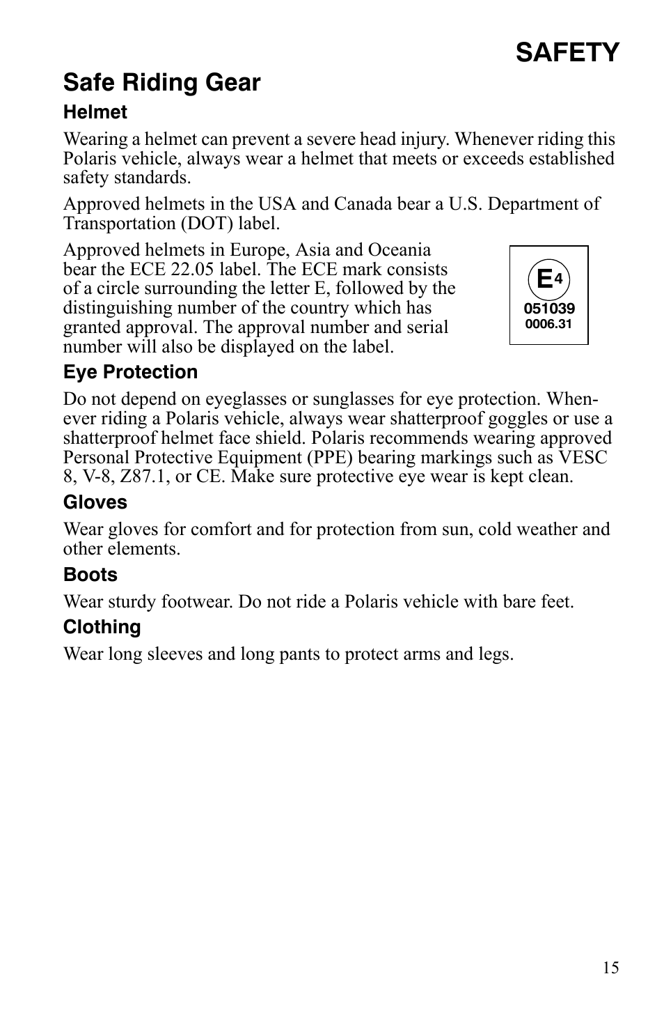 Safety, Safe riding gear | Polaris 2008 Ranger RZR User Manual | Page 18 / 146