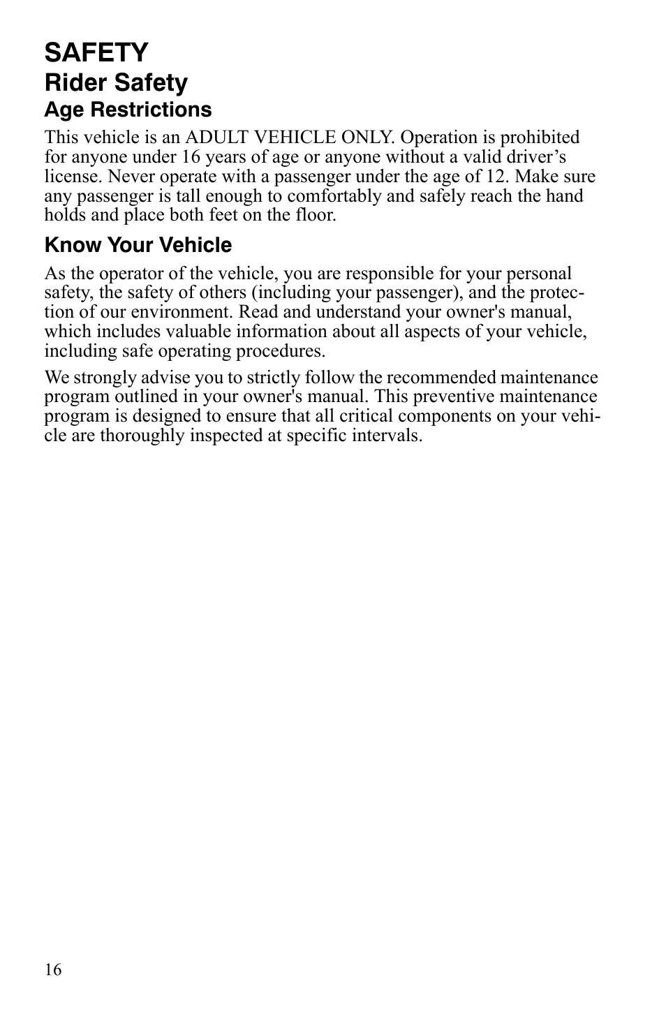 Safety, Rider safety | Polaris 2008 Ranger RZR User Manual | Page 19 / 146