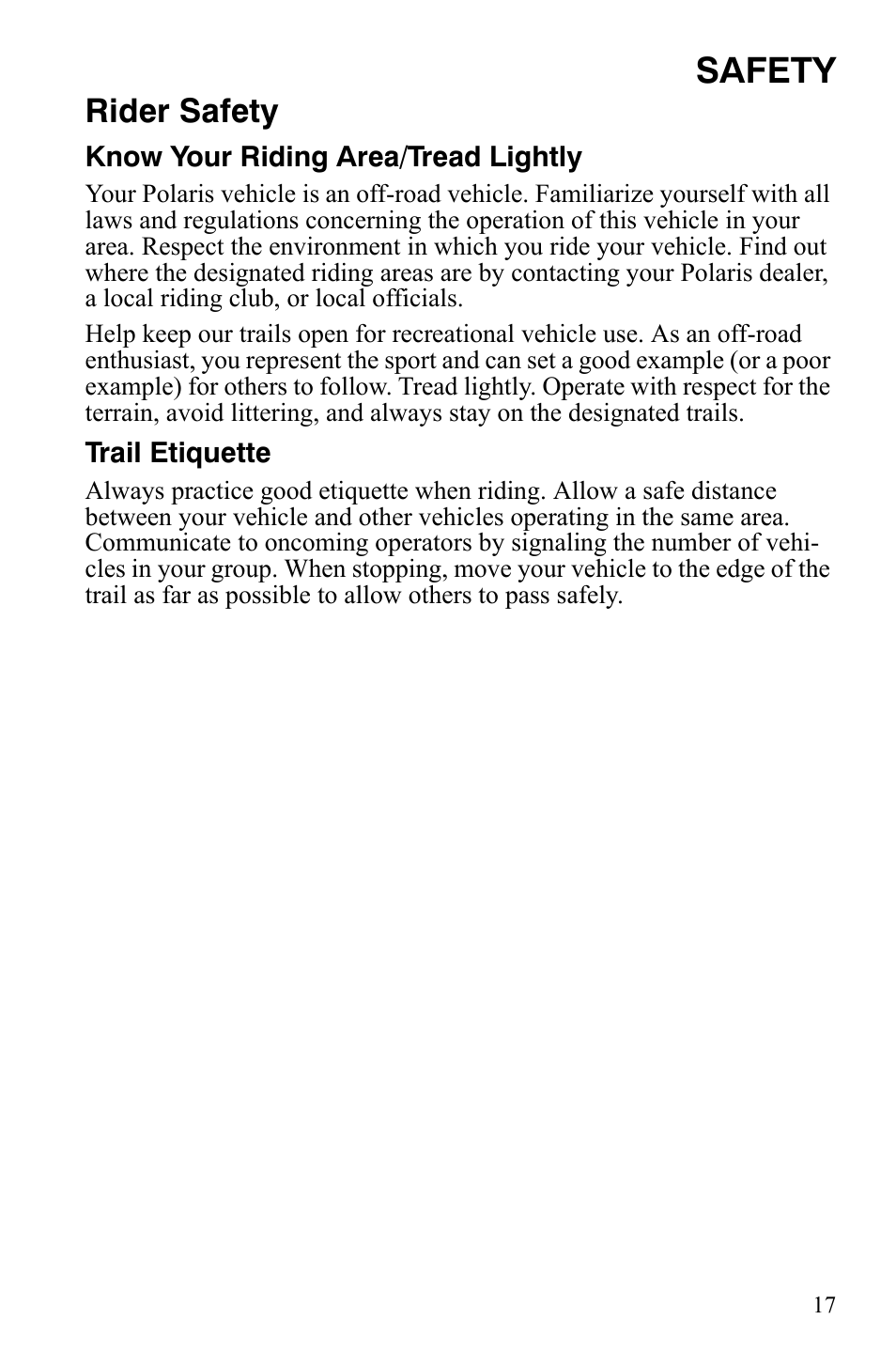 Safety, Rider safety | Polaris 2008 Ranger RZR User Manual | Page 20 / 146