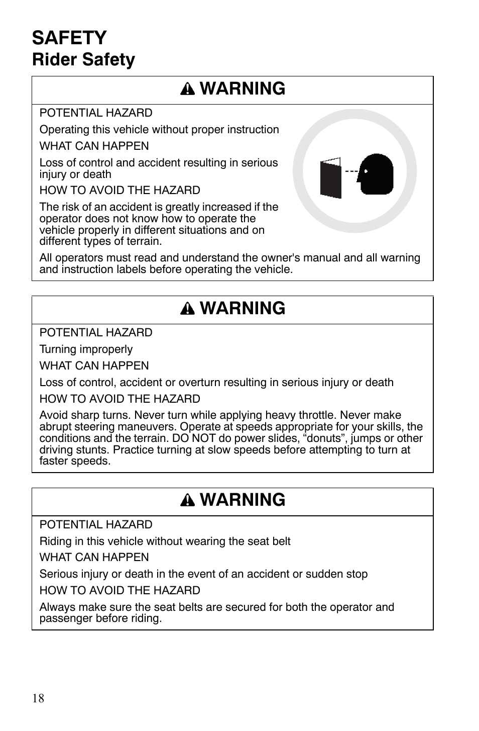 Safety, Rider safety warning, Warning | Polaris 2008 Ranger RZR User Manual | Page 21 / 146