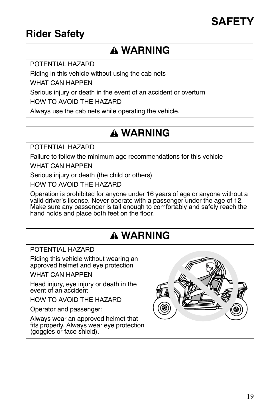 Safety, Rider safety warning, Warning | Polaris 2008 Ranger RZR User Manual | Page 22 / 146