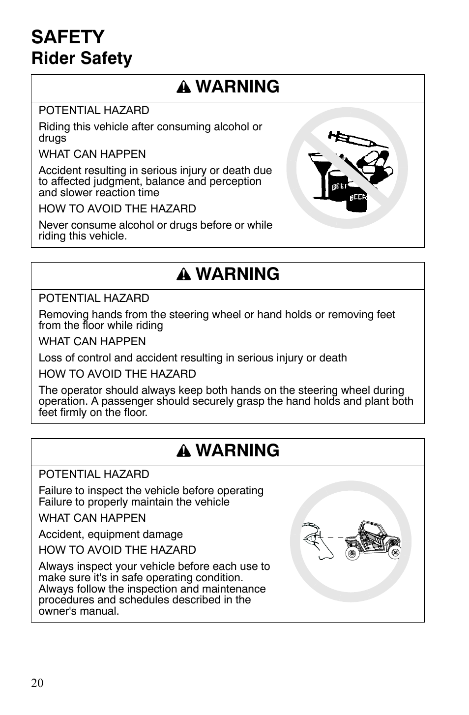 Safety, Rider safety warning, Warning | Polaris 2008 Ranger RZR User Manual | Page 23 / 146