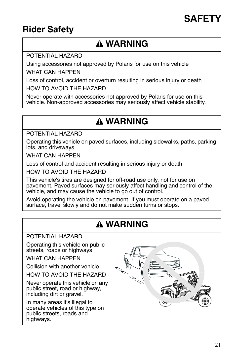 Safety, Rider safety warning, Warning | Polaris 2008 Ranger RZR User Manual | Page 24 / 146