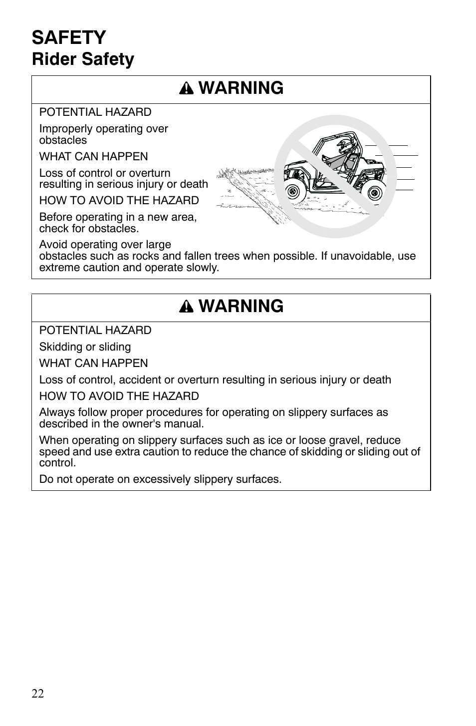 Safety, Rider safety warning, Warning | Polaris 2008 Ranger RZR User Manual | Page 25 / 146