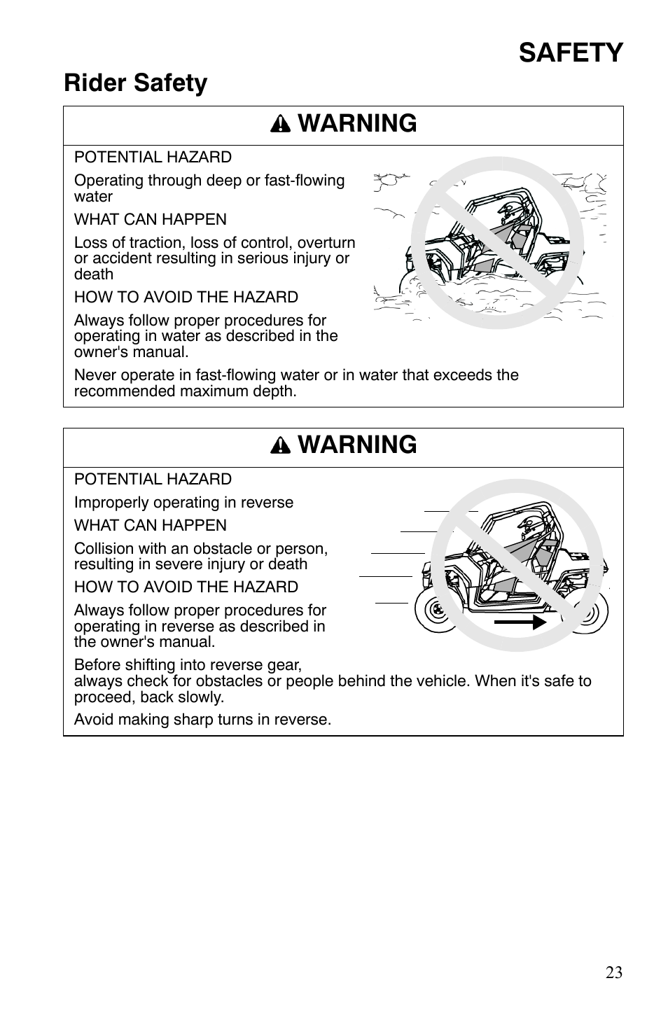 Safety, Rider safety warning, Warning | Polaris 2008 Ranger RZR User Manual | Page 26 / 146