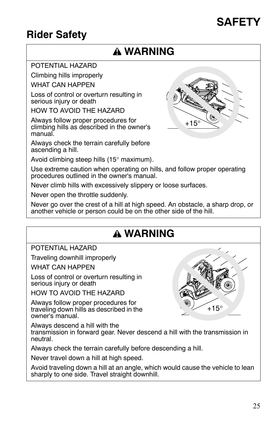 Safety, Rider safety warning, Warning | Polaris 2008 Ranger RZR User Manual | Page 28 / 146