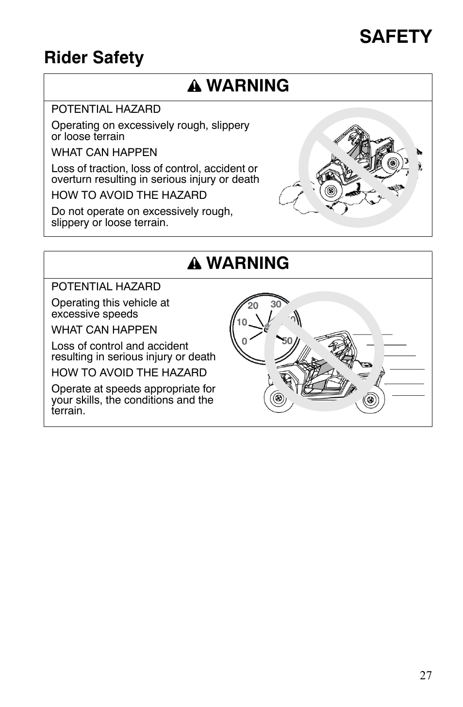 Safety, Rider safety warning, Warning | Polaris 2008 Ranger RZR User Manual | Page 30 / 146