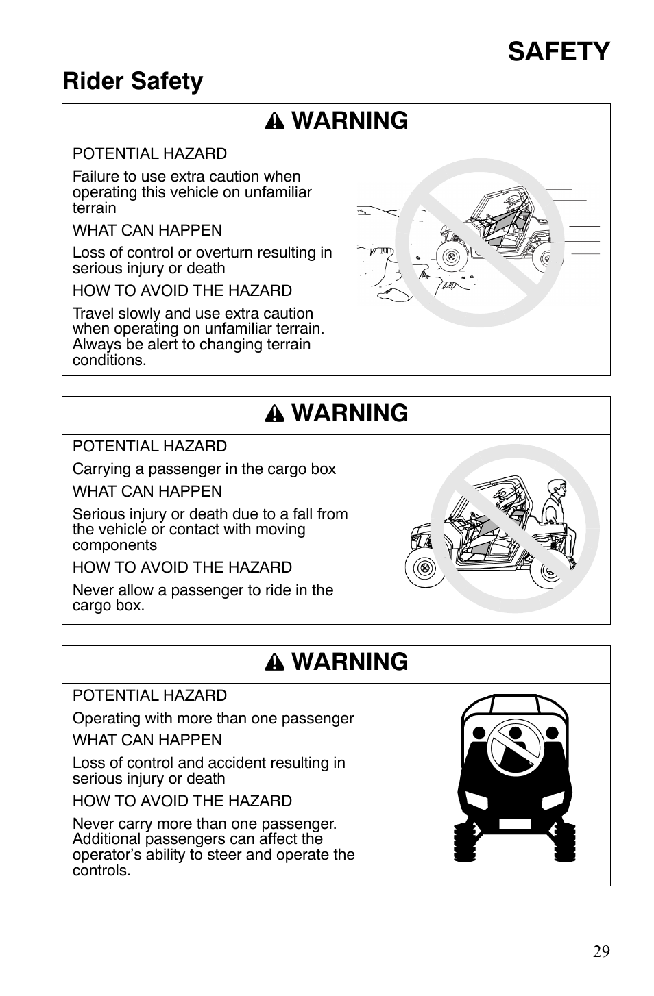 Safety, Rider safety warning, Warning | Polaris 2008 Ranger RZR User Manual | Page 32 / 146