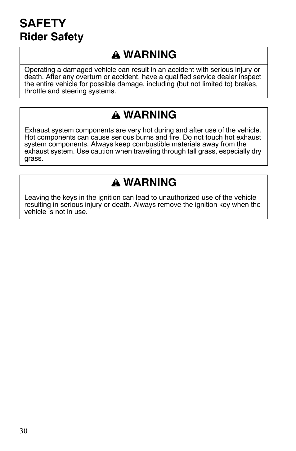 Safety, Rider safety warning, Warning | Polaris 2008 Ranger RZR User Manual | Page 33 / 146