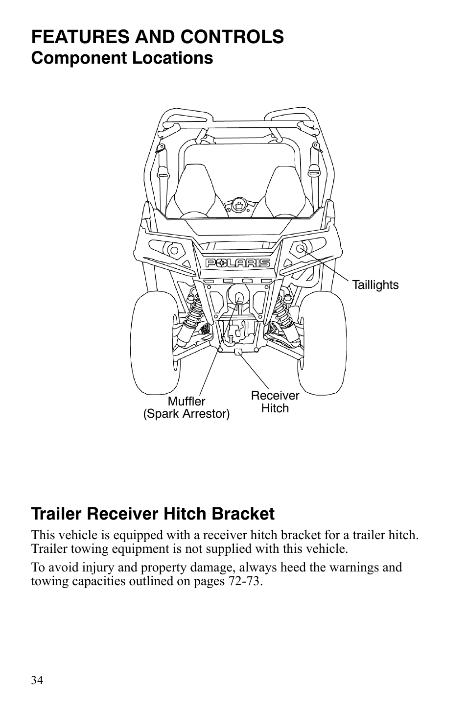 Features and controls, Component locations trailer receiver hitch bracket | Polaris 2008 Ranger RZR User Manual | Page 37 / 146