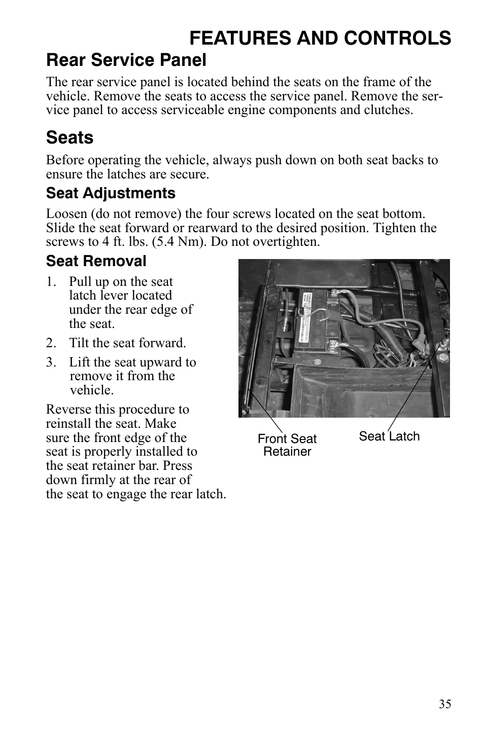 Features and controls, Rear service panel, Seats | Polaris 2008 Ranger RZR User Manual | Page 38 / 146