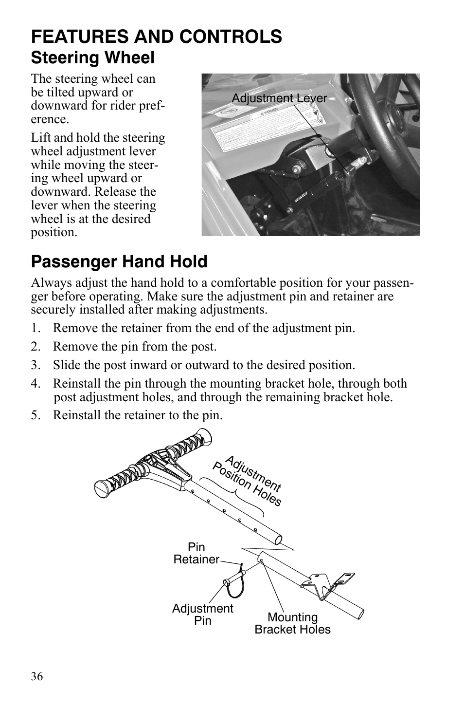 Features and controls, Steering wheel, Passenger hand hold | Polaris 2008 Ranger RZR User Manual | Page 39 / 146