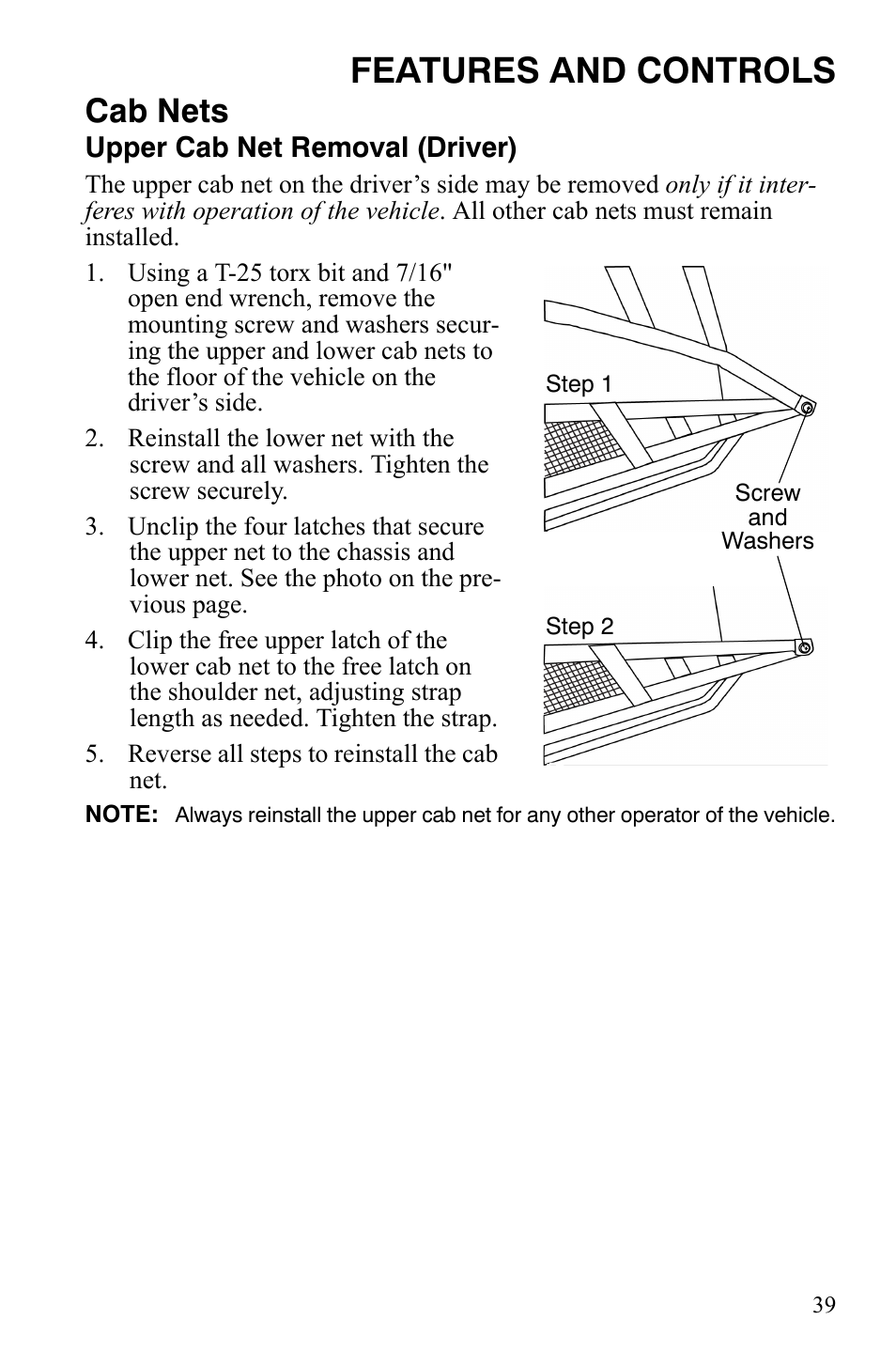 Features and controls, Cab nets | Polaris 2008 Ranger RZR User Manual | Page 42 / 146