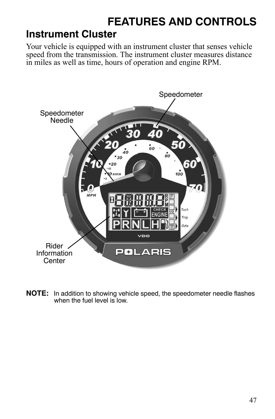 Features and controls, Instrument cluster | Polaris 2008 Ranger RZR User Manual | Page 50 / 146