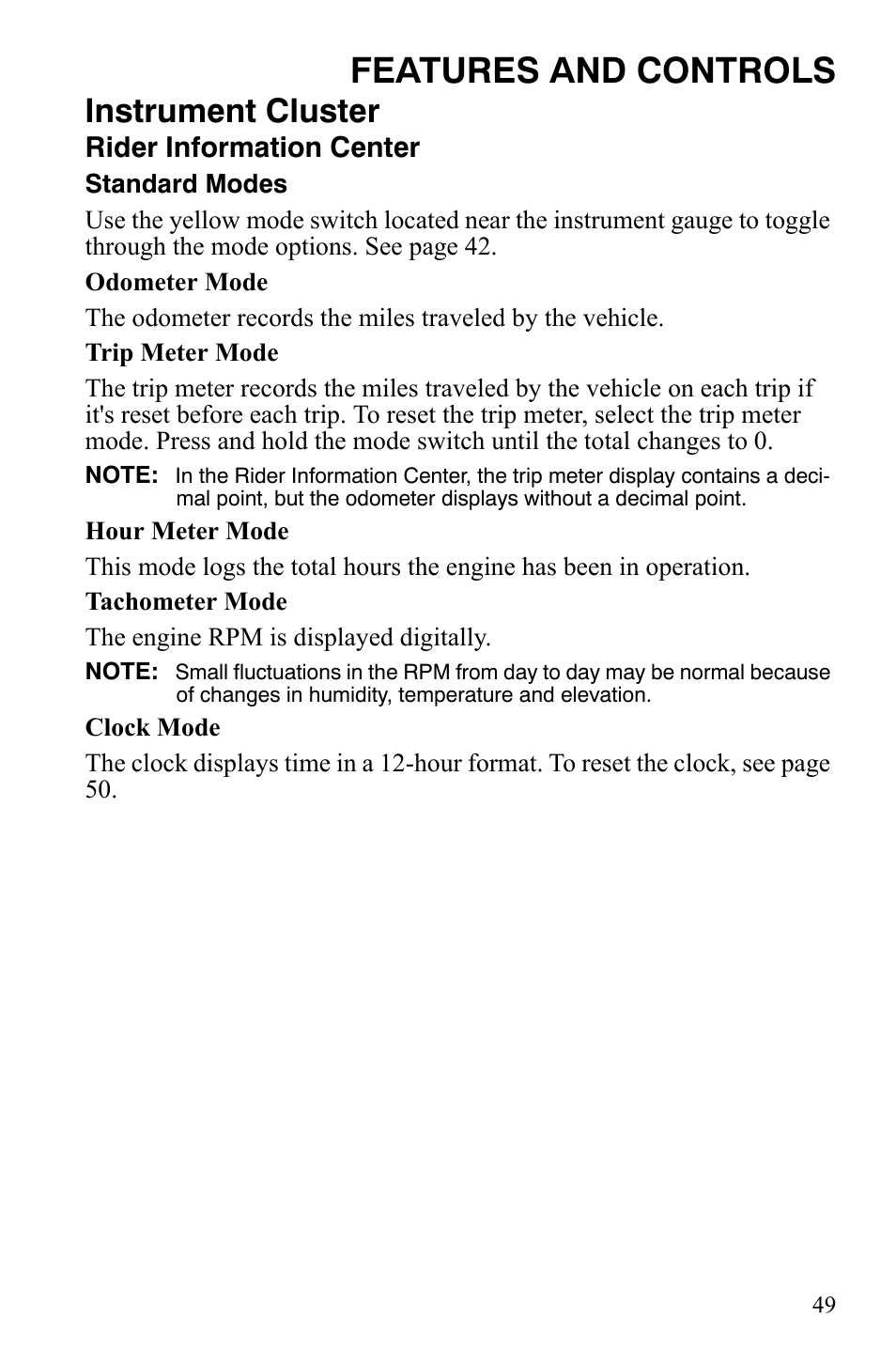 Features and controls, Instrument cluster | Polaris 2008 Ranger RZR User Manual | Page 52 / 146