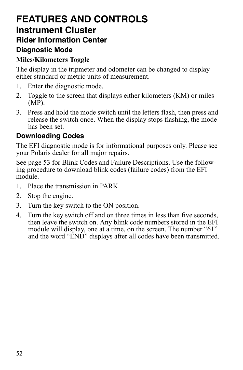 Features and controls, Instrument cluster | Polaris 2008 Ranger RZR User Manual | Page 55 / 146