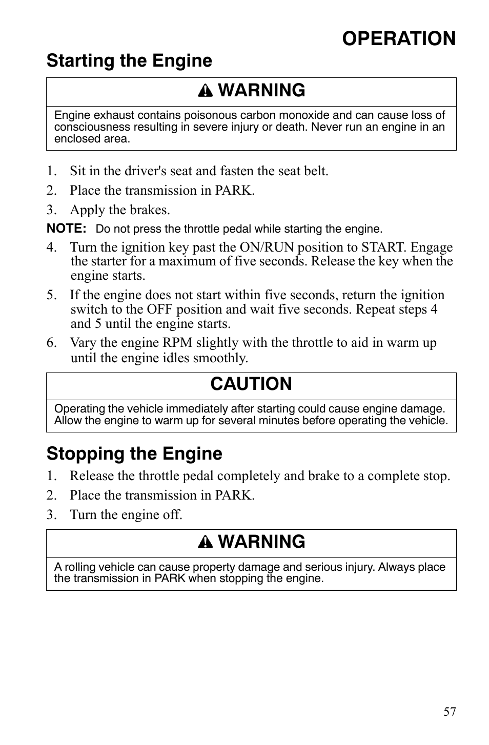 Operation, Starting the engine, Stopping the engine | Warning, Caution | Polaris 2008 Ranger RZR User Manual | Page 60 / 146