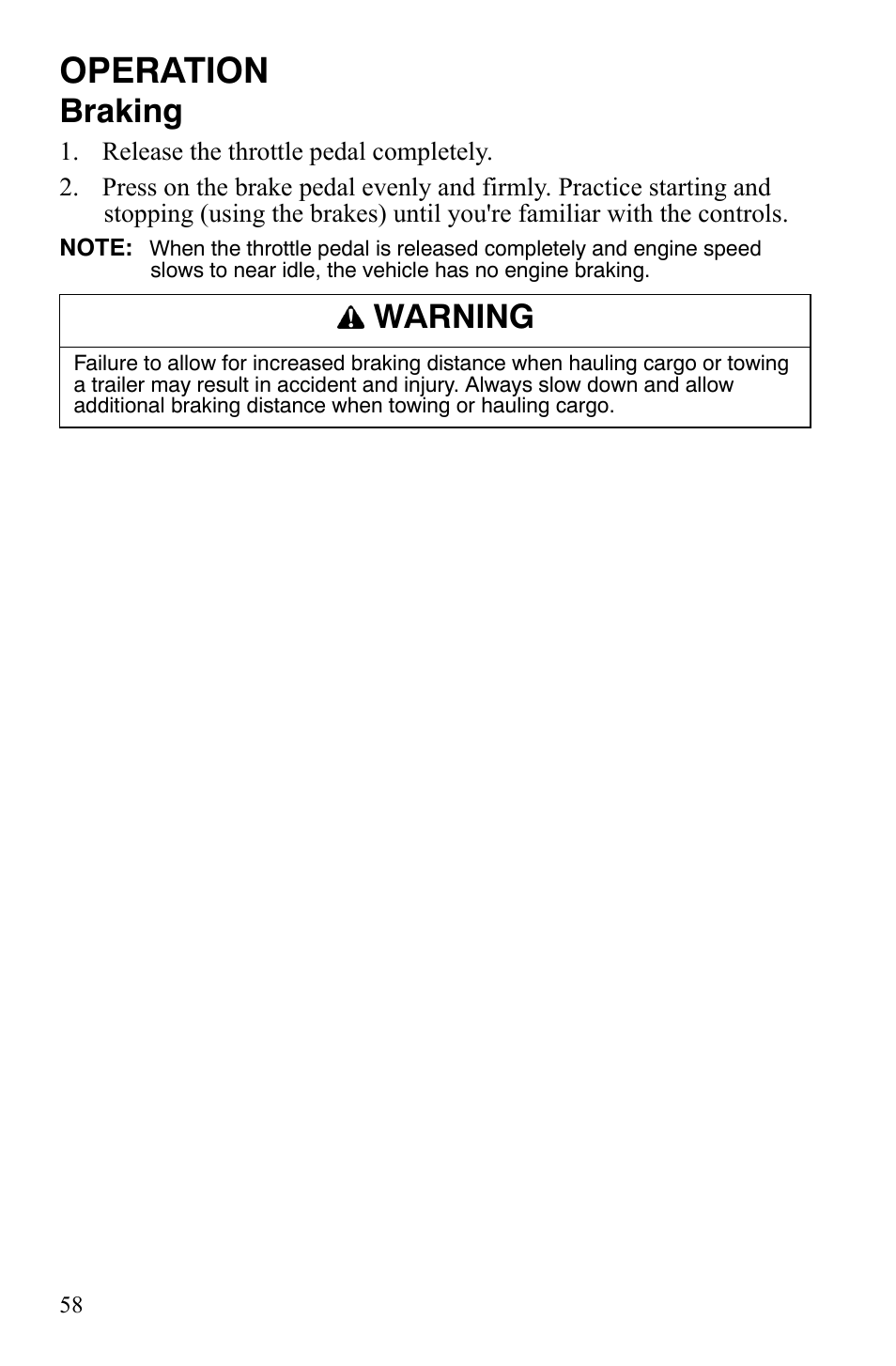 Operation, Braking, Warning | Polaris 2008 Ranger RZR User Manual | Page 61 / 146