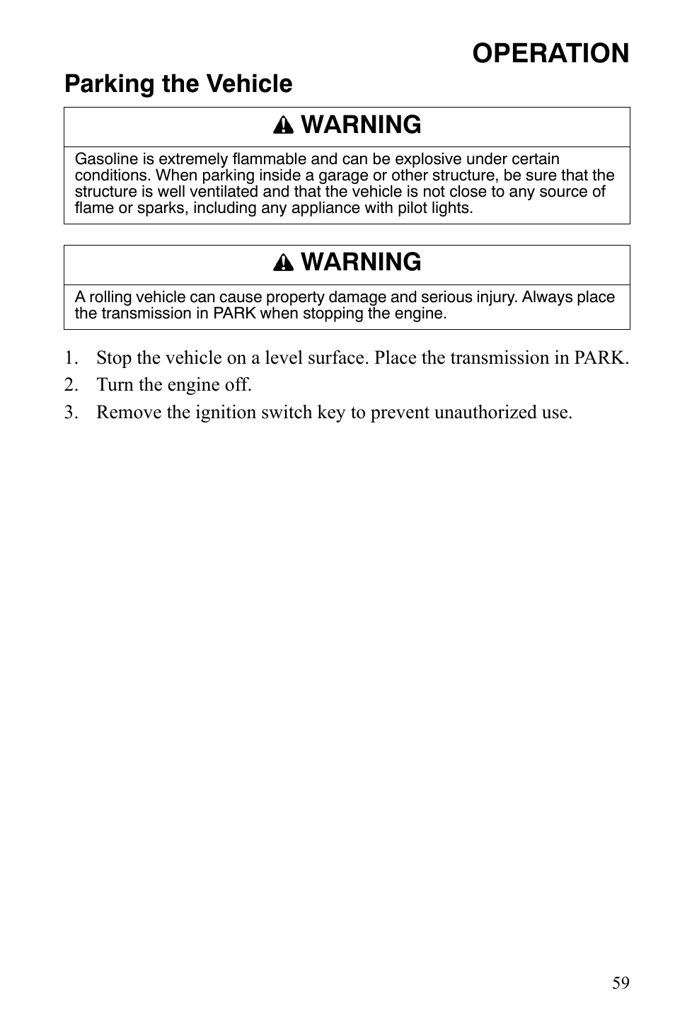 Operation, Parking the vehicle, Warning | Polaris 2008 Ranger RZR User Manual | Page 62 / 146