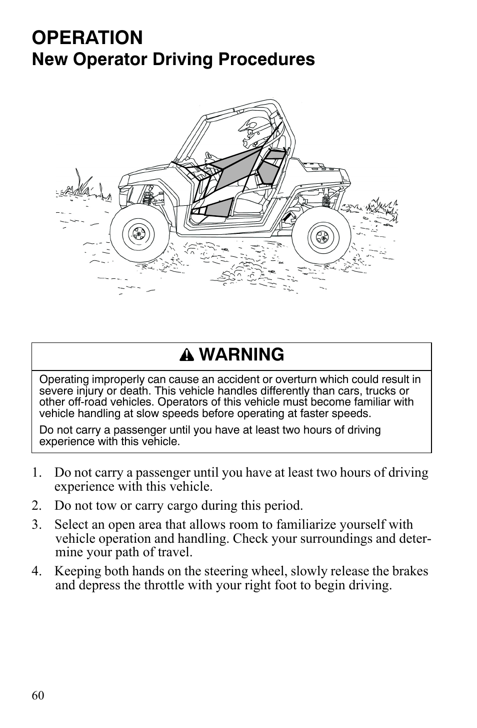 Operation, New operator driving procedures, Warning | Polaris 2008 Ranger RZR User Manual | Page 63 / 146