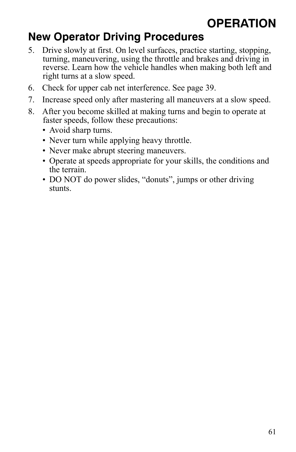 Operation, New operator driving procedures | Polaris 2008 Ranger RZR User Manual | Page 64 / 146