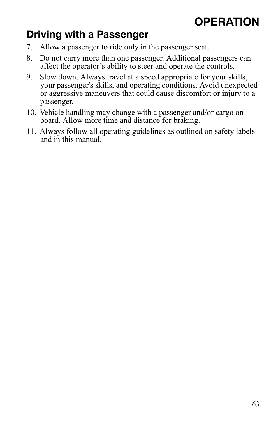 Operation, Driving with a passenger | Polaris 2008 Ranger RZR User Manual | Page 66 / 146
